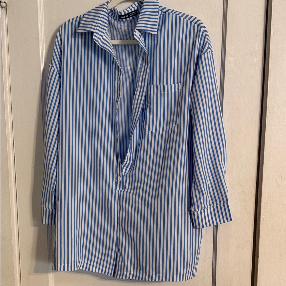 SHEIN Blue and White Striped Women's Button Down Shorts Romper